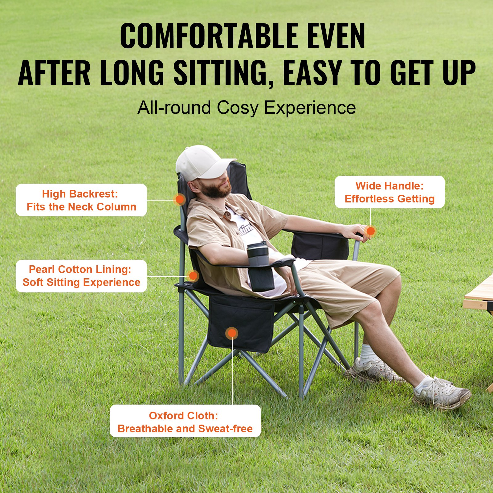 Start2Finish VEVOR outdoor folding camping chair with padded lumbar back support, armrests, side pockets, cup holder, and cooler bag in black.