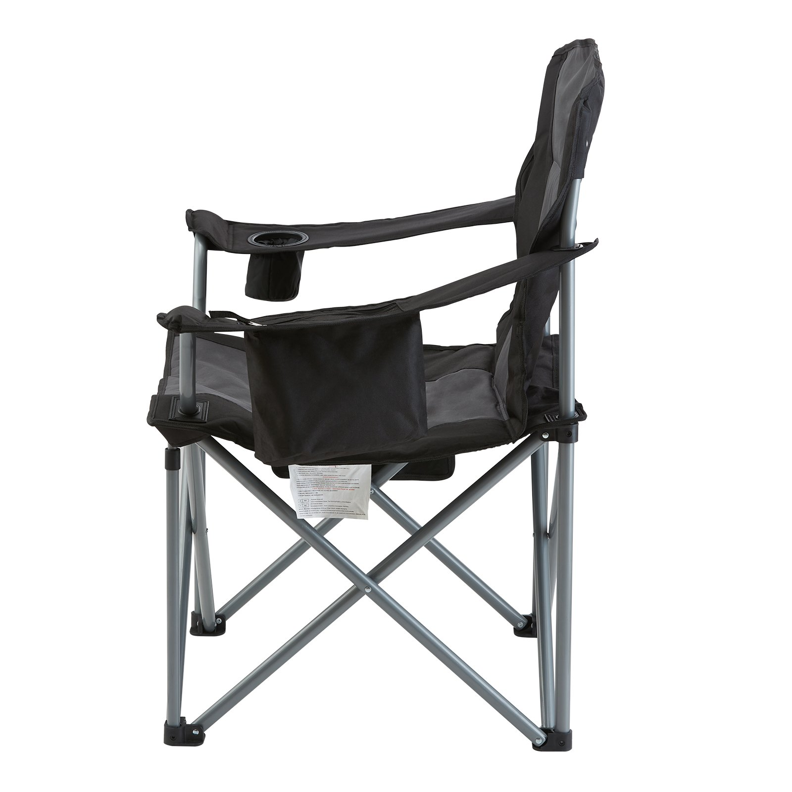 Start2Finish outdoor camping folding chair with padded armrests, side pockets, cup holder, and cooler bag in black, suitable for outdoor activities.