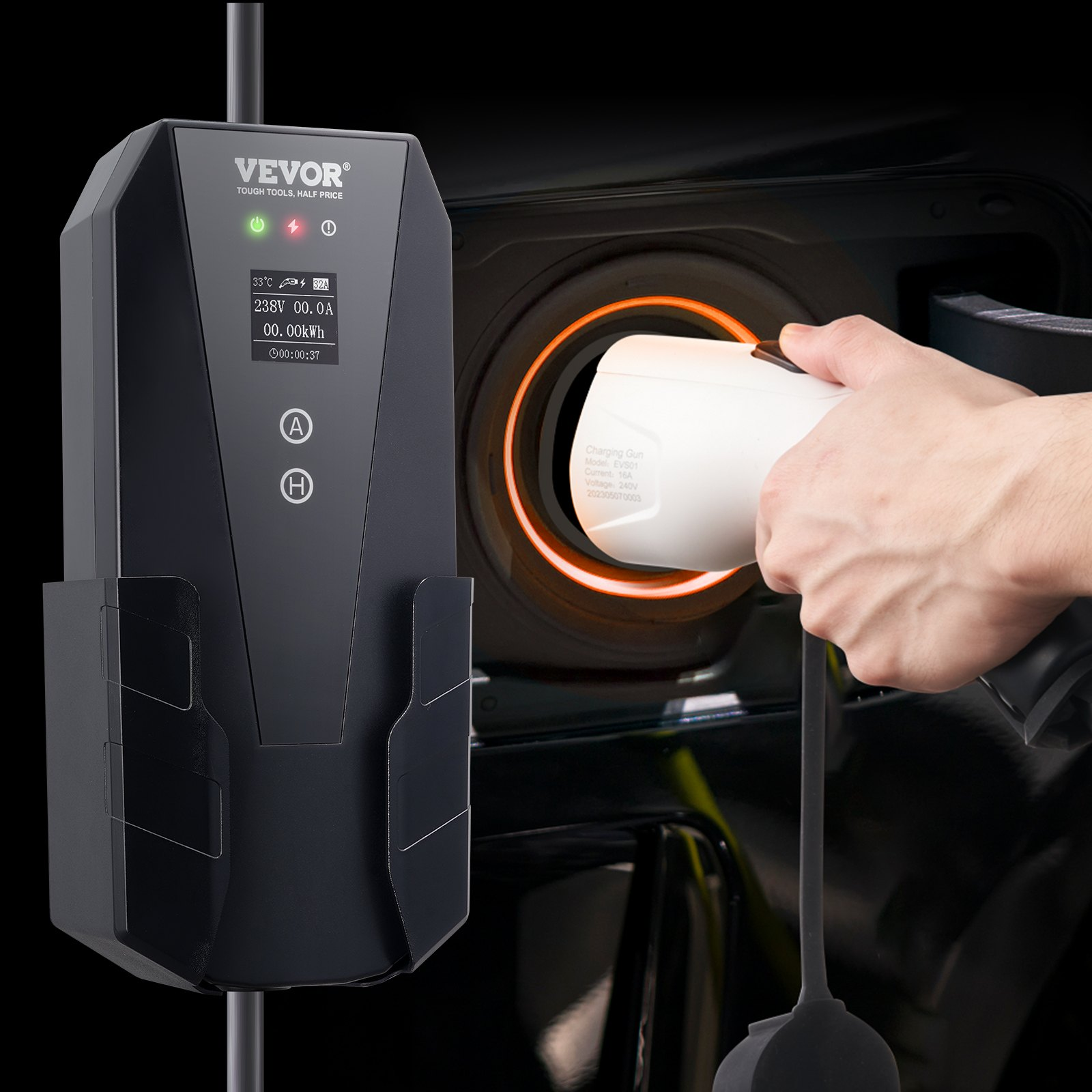 Start2Finish VEVOR Level 2 portable EV charger with 28 ft cable, NEMA 14-50P plug, adjustable current for SAE J1772 EVs