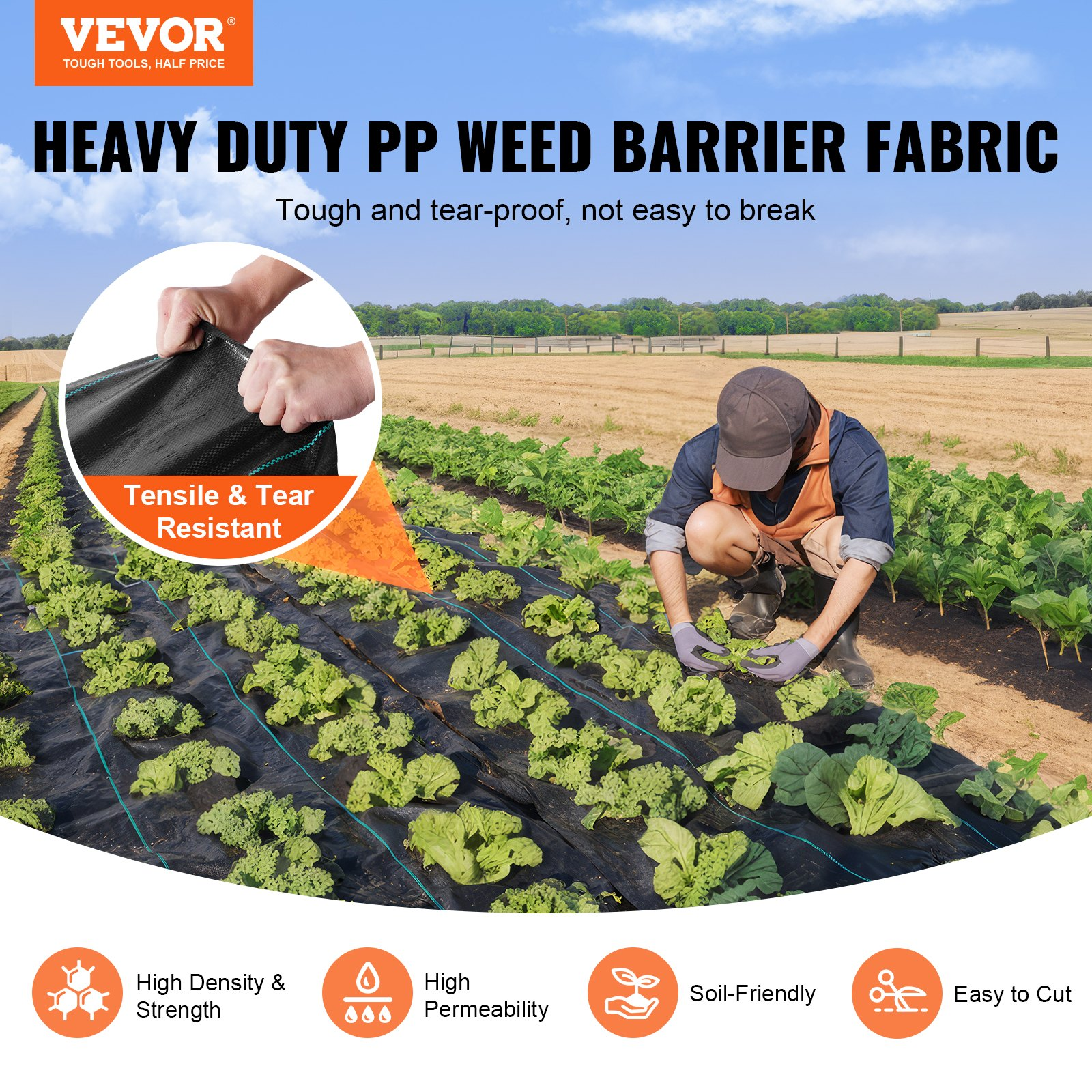 Heavy-duty VEVOR landscape fabric for weed control, woven geotextile garden cloth, ideal for gravel underlay and outdoor weed barrier.