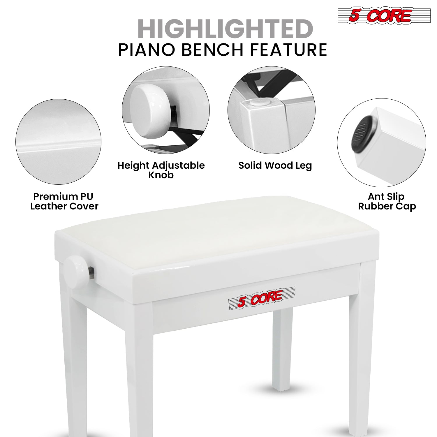 Start2Finish 5 core adjustable piano bench with thick 3.25-inch solid wood seat, heavy-duty musician chair for keyboard players