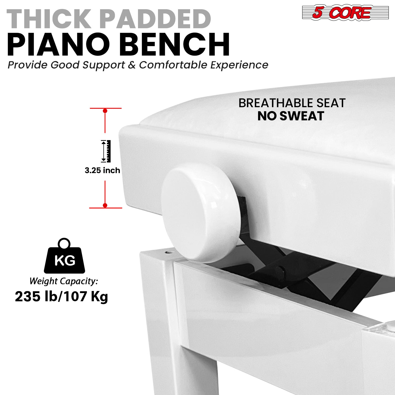 Start2Finish 5 core adjustable piano bench with thick 3.25-inch solid wood seat and heavy-duty metal legs for musicians.