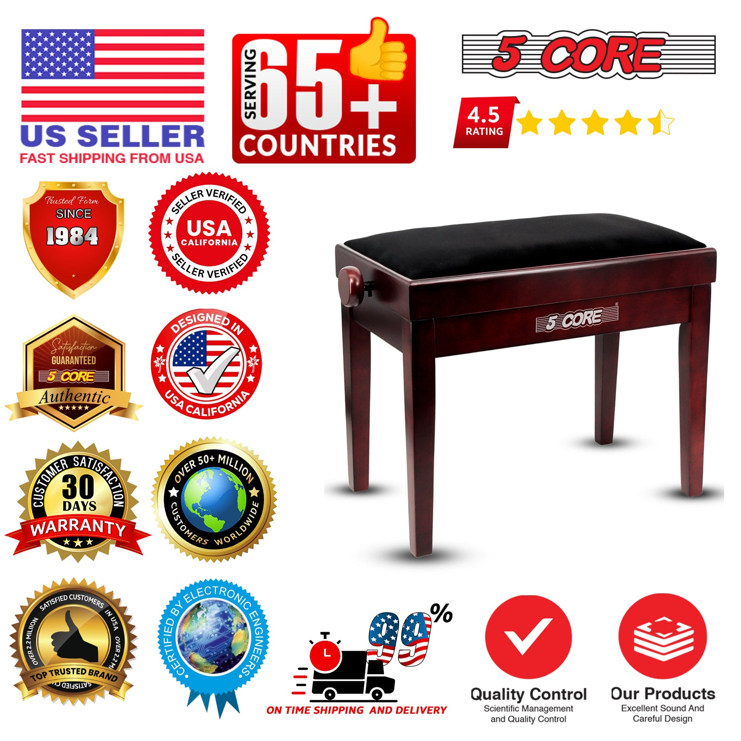 Start2Finish adjustable piano bench with thick 3.25-inch solid wood seat, sturdy music stool for keyboard or piano playing