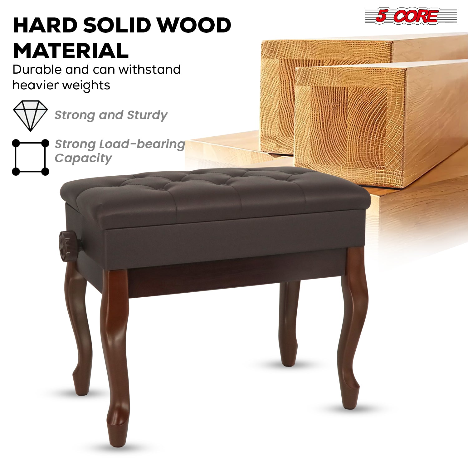 Start2Finish 5 Core padded wooden piano bench with adjustable height and storage, featuring cushioned seat for musicians.
