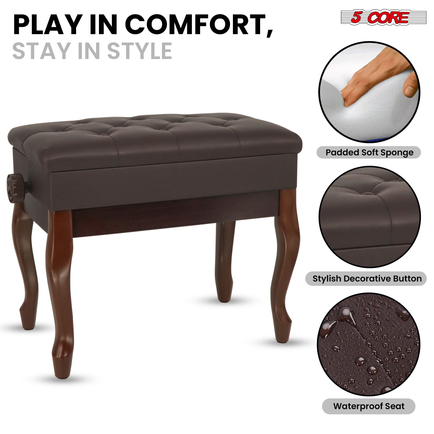 Start2Finish 5 Core piano bench with 3-inch padded cushion, wooden frame, adjustable height, and storage for musicians.
