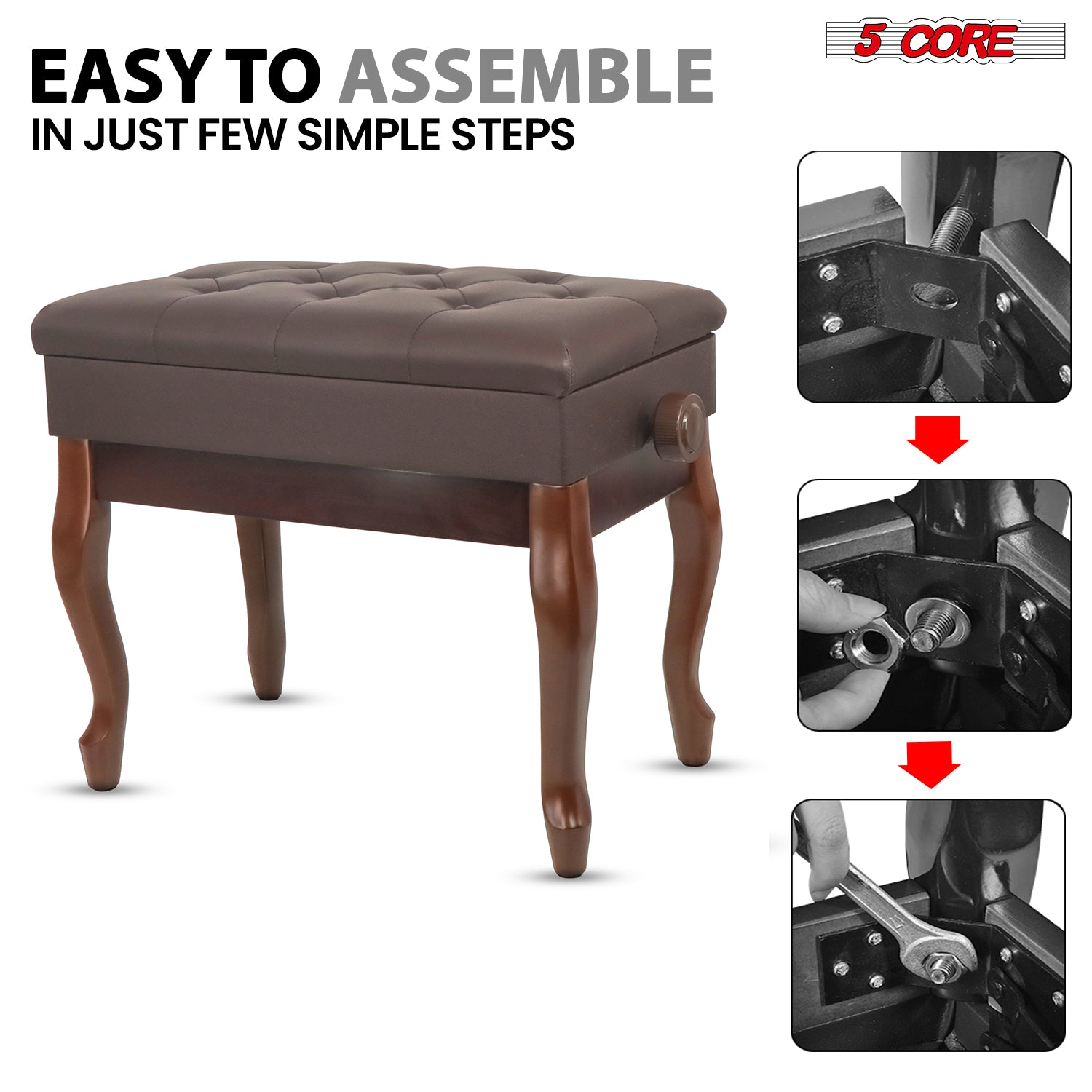 Start2Finish 5-core padded piano bench with wooden frame, adjustable height, storage compartment, and cushioned seat for musicians.