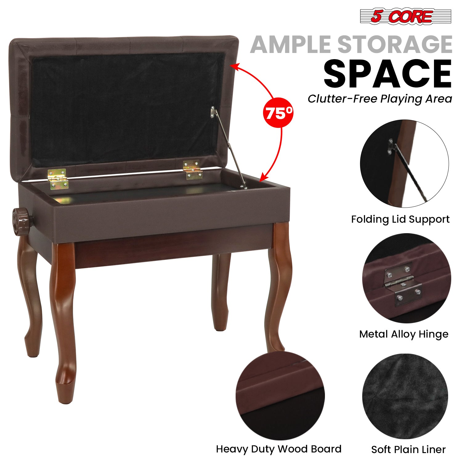 Start2Finish 5 core piano bench with padded cushion, wooden frame, adjustable height, and built-in storage for musicians.