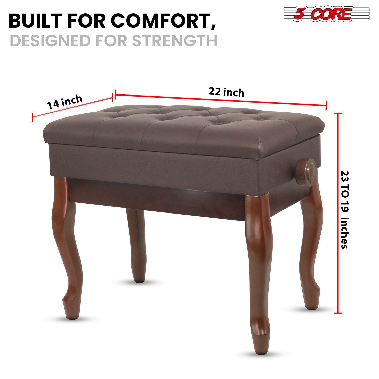 Start2Finish 5 Core piano bench with padded cushion, wooden frame, adjustable height, and built-in storage for musicians.