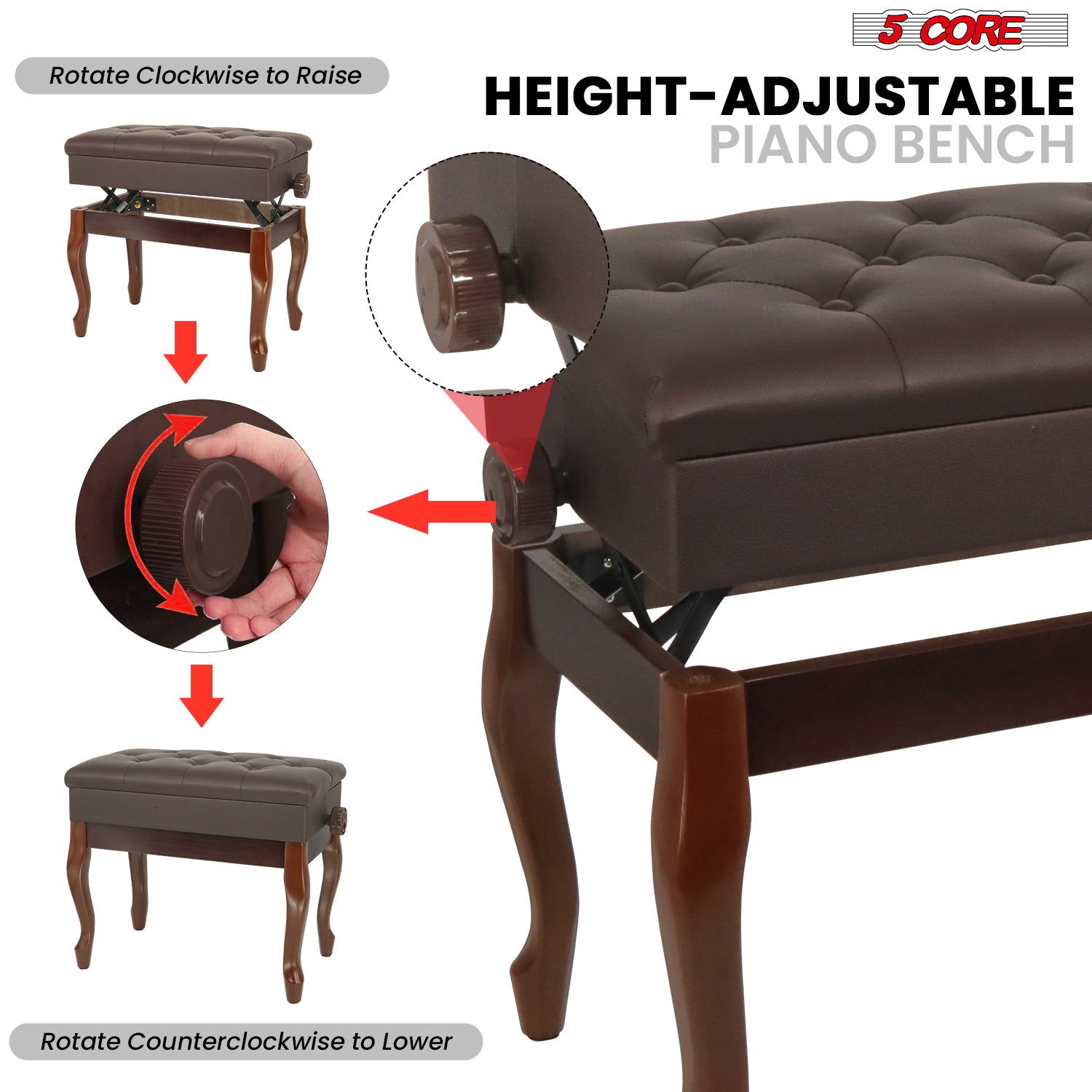 Start2Finish 5 Core Piano Bench with padded cushion, wooden frame, adjustable height, and built-in storage for musicians.