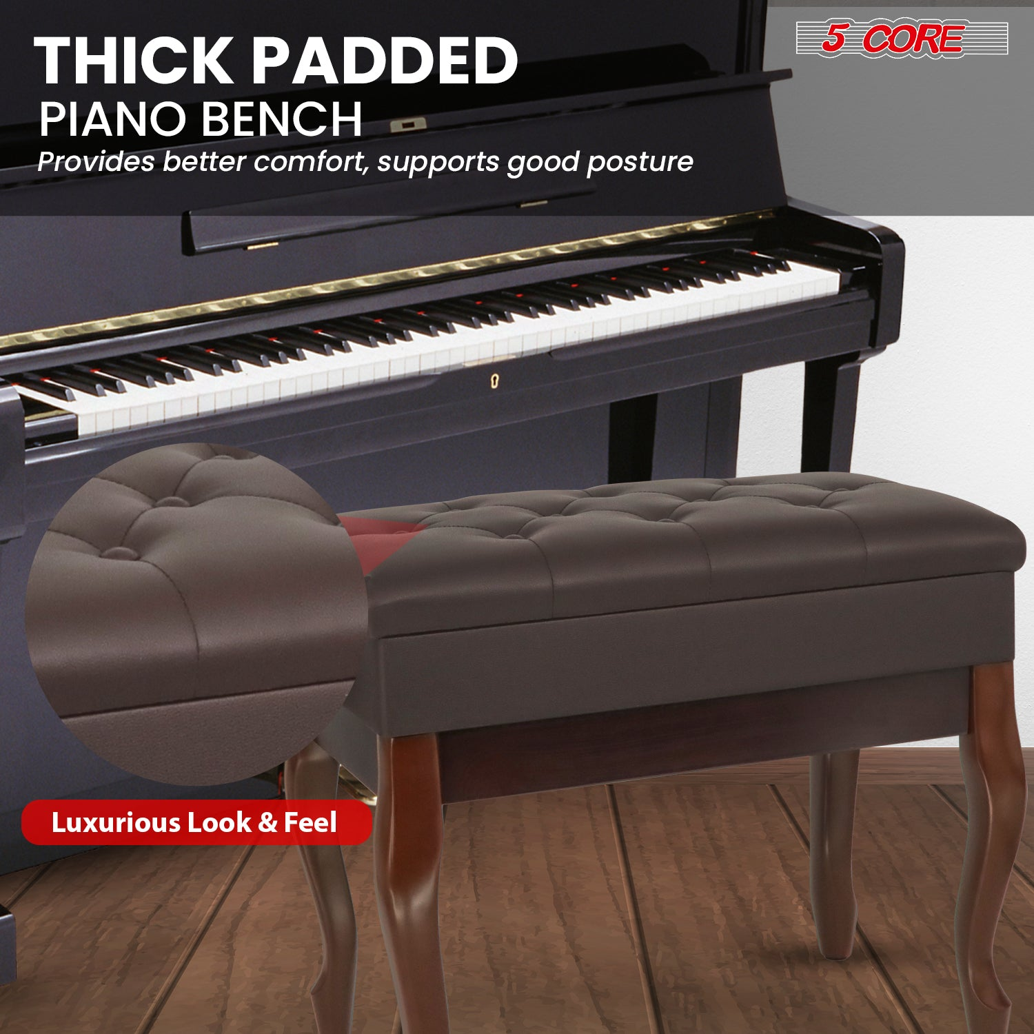 Start2Finish 5 core padded wooden piano bench with storage, adjustable height, cushioned seat, and sturdy heavy-duty design.