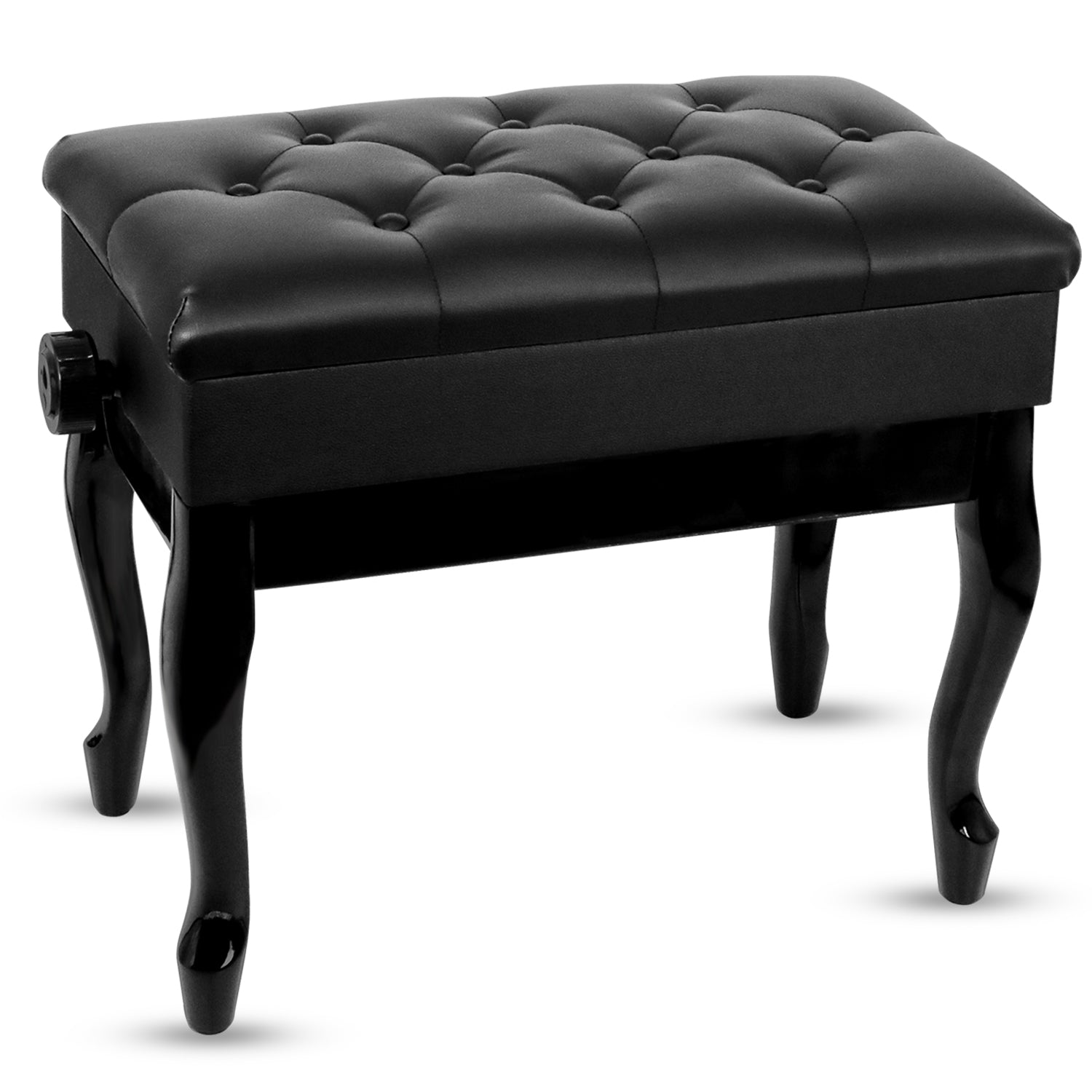Start2Finish 5 Core piano bench with 3-inch padded cushion, wooden frame, adjustable height, and built-in storage for musicians.