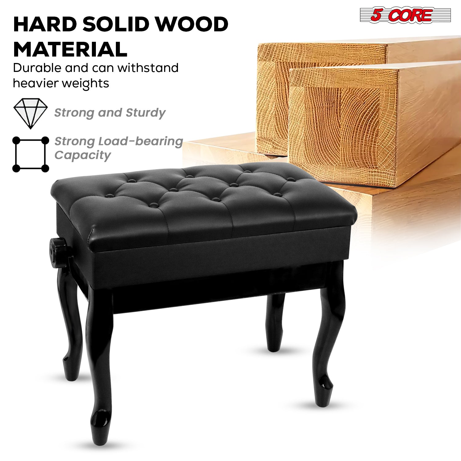 Start2Finish 5 Core piano bench with 3-inch padded cushion, wooden frame, adjustable height, and built-in storage for musicians.