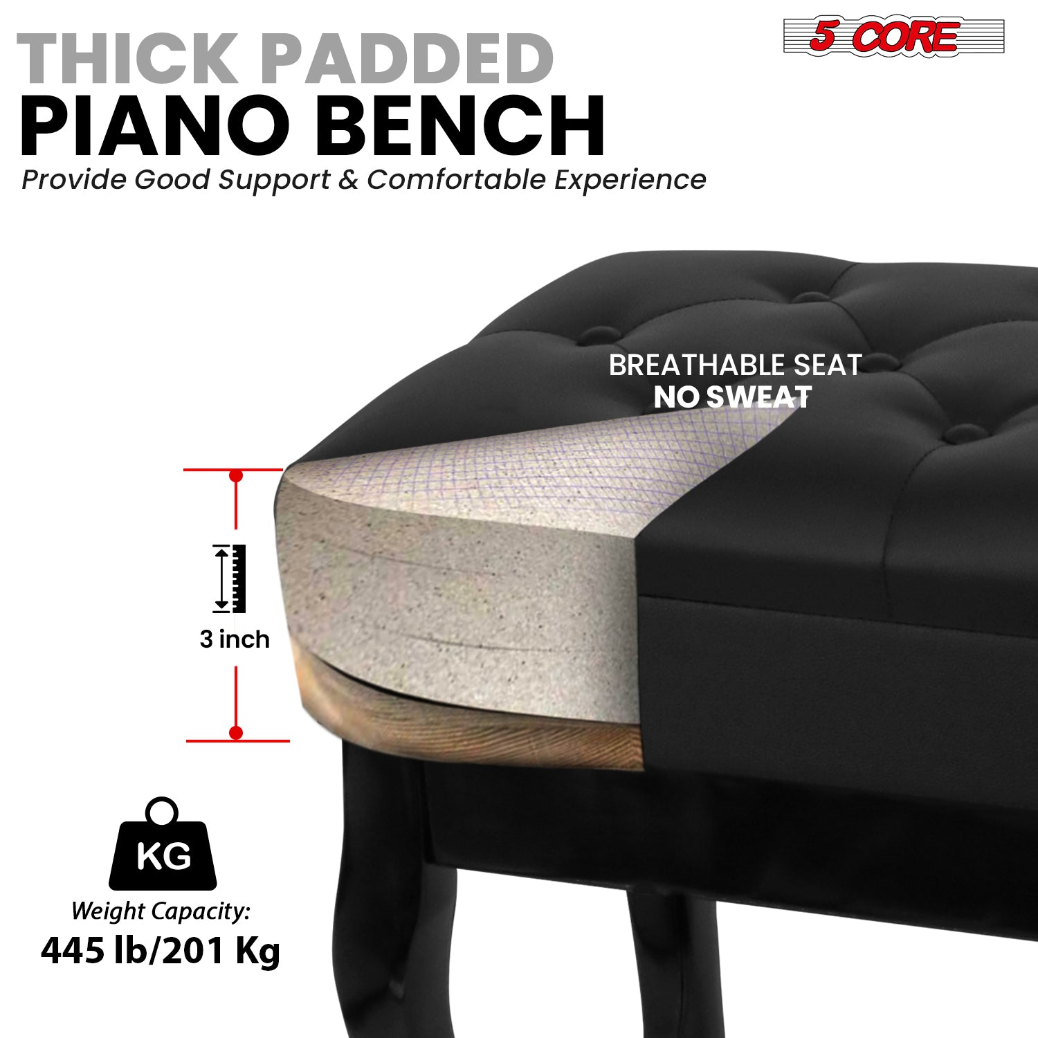Start2Finish 5 Core piano bench with 3-inch padded cushion, wooden frame, adjustable height, and built-in storage for musicians.