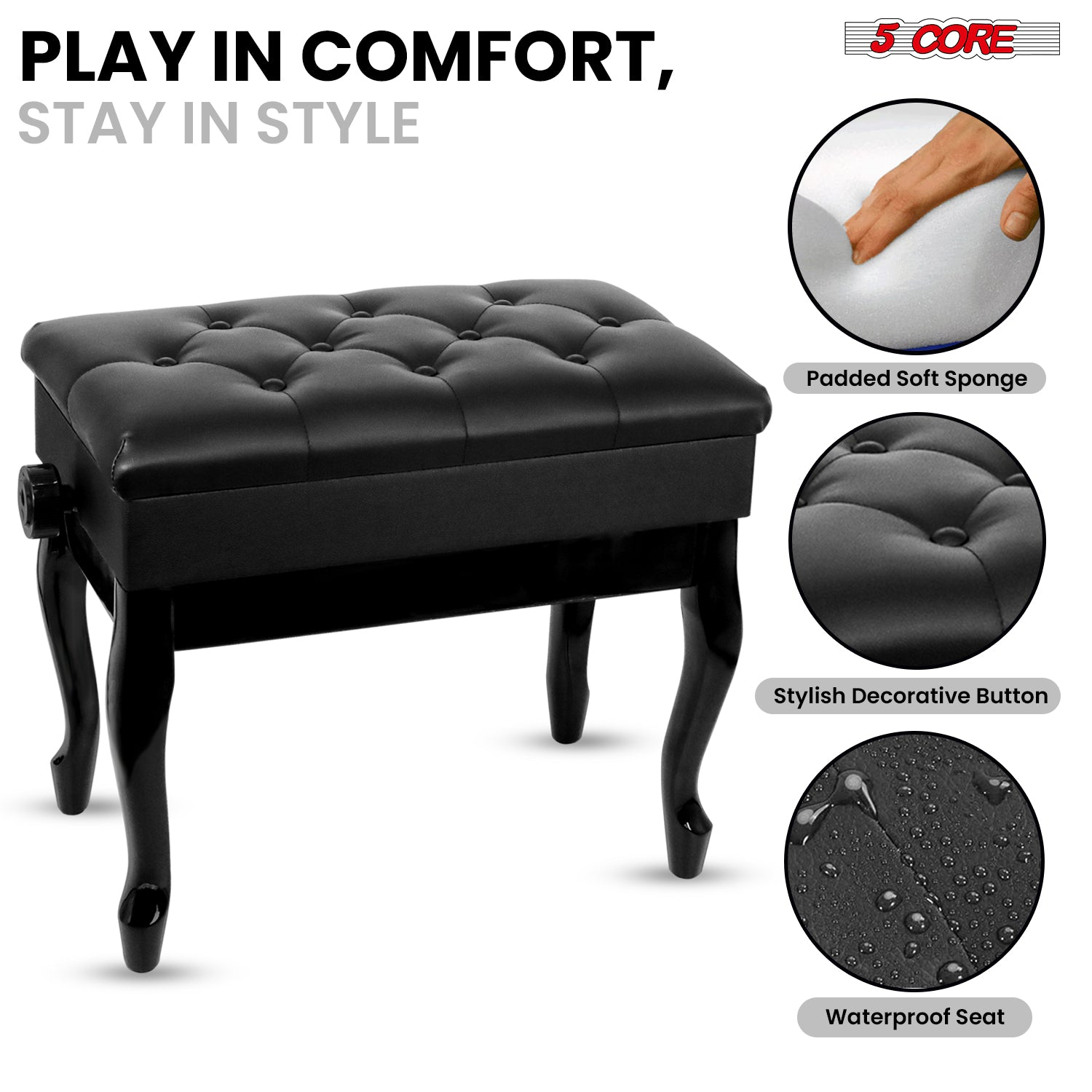 Start2Finish 5 Core piano bench with 3-inch padded cushion, wooden frame, adjustable height, and storage for musicians.