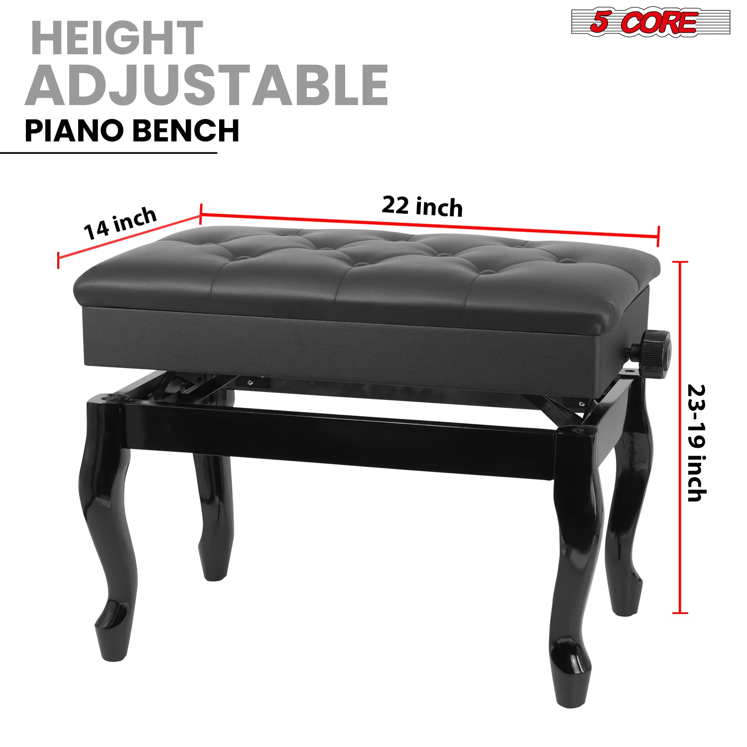 Start2Finish 5 Core piano bench with 3-inch padded cushion, wooden frame, adjustable height, and built-in storage for musicians.