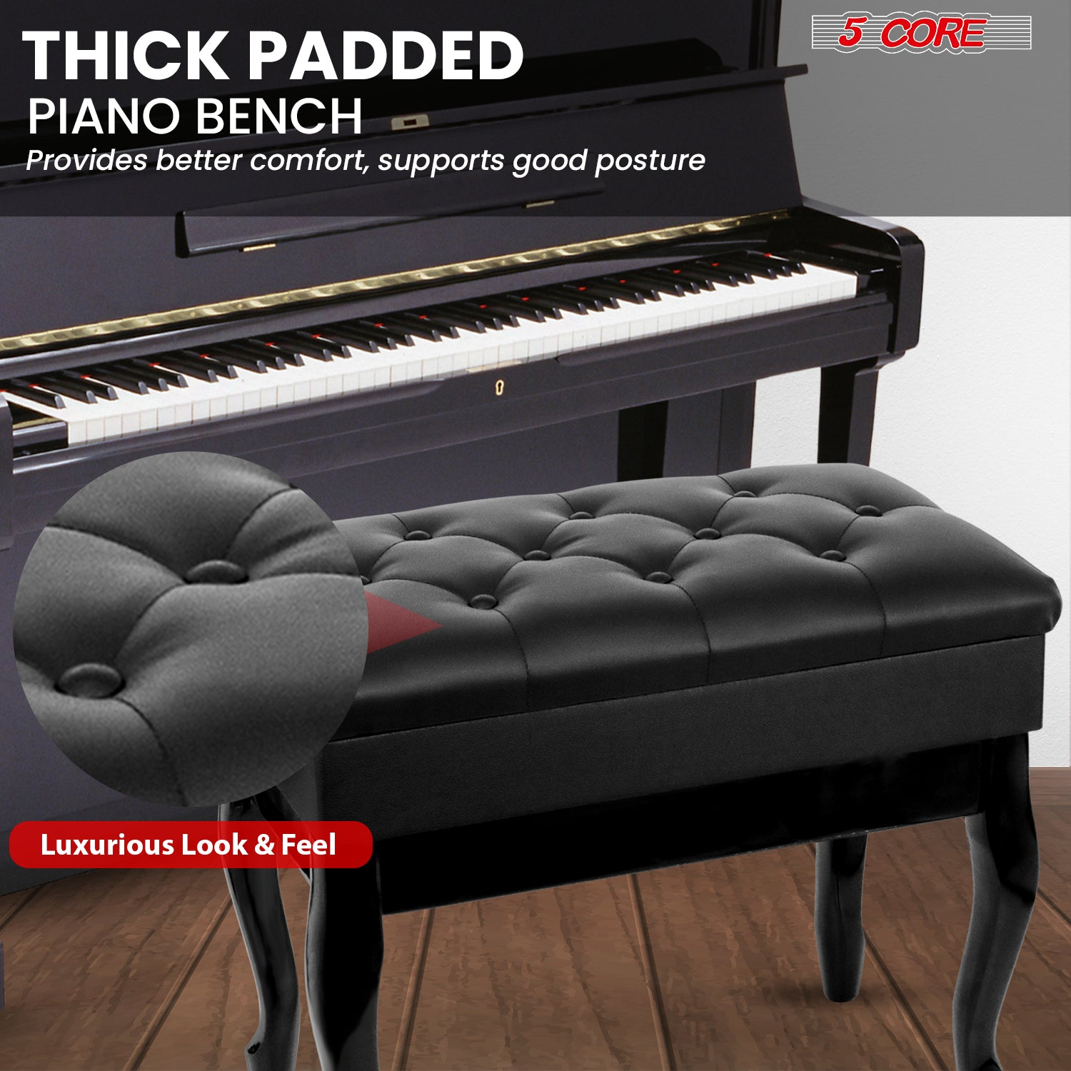 Start2Finish 5 Core Piano Bench with 3-inch cushioned padding, wooden frame, adjustable height, and storage compartment for musicians