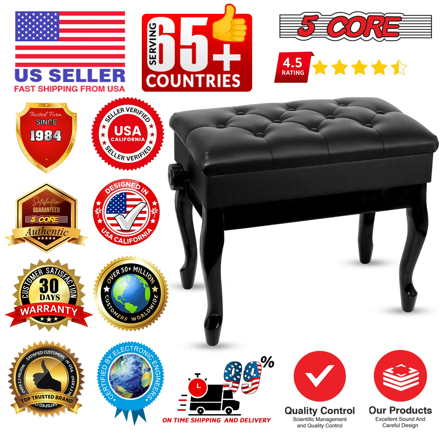 Start2Finish 5 core piano bench with 3-inch padded cushion, wooden frame, adjustable height, and built-in storage for musicians.