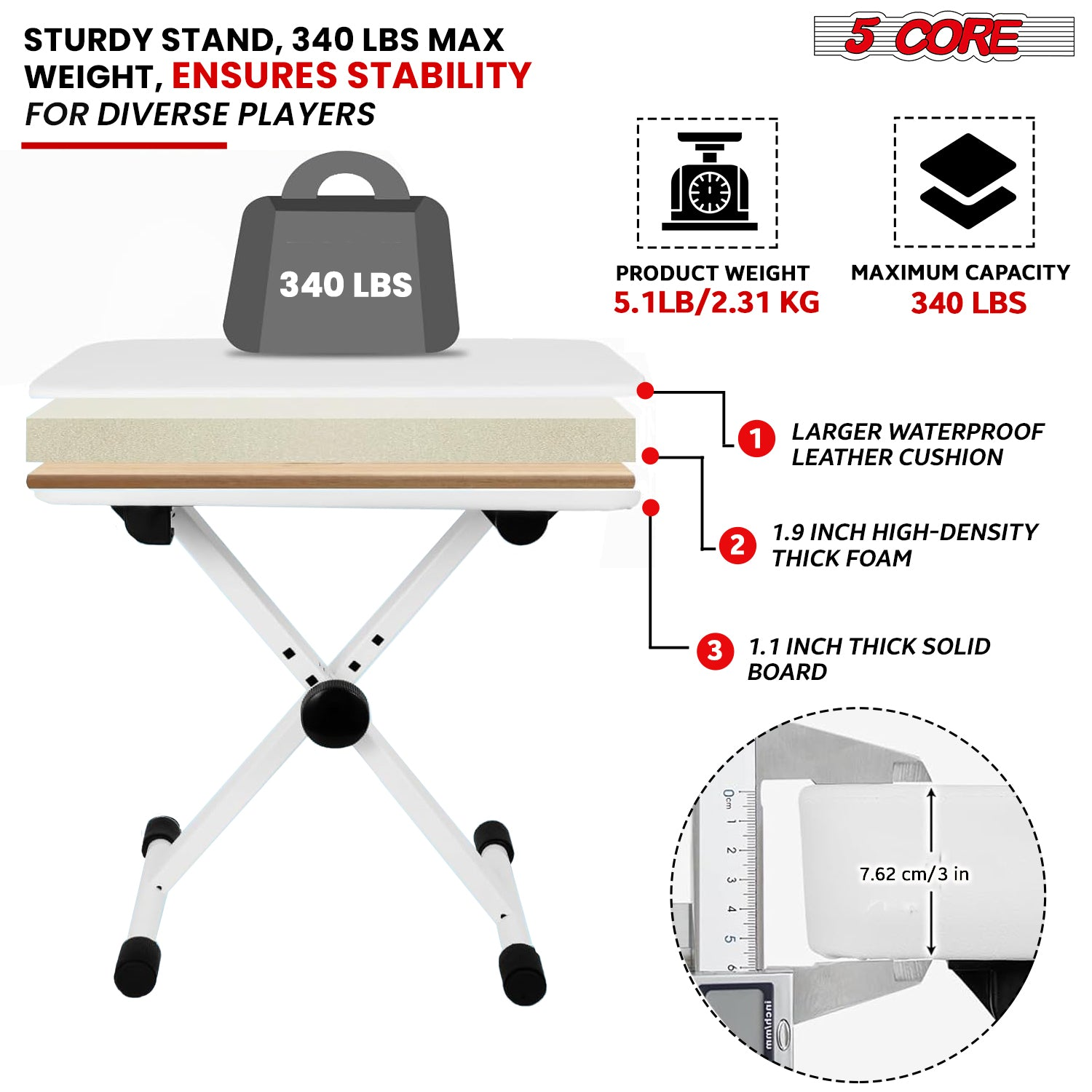 Start2Finish 5-core keyboard stand with adjustable padded piano bench and musician chair set for musical instruments.