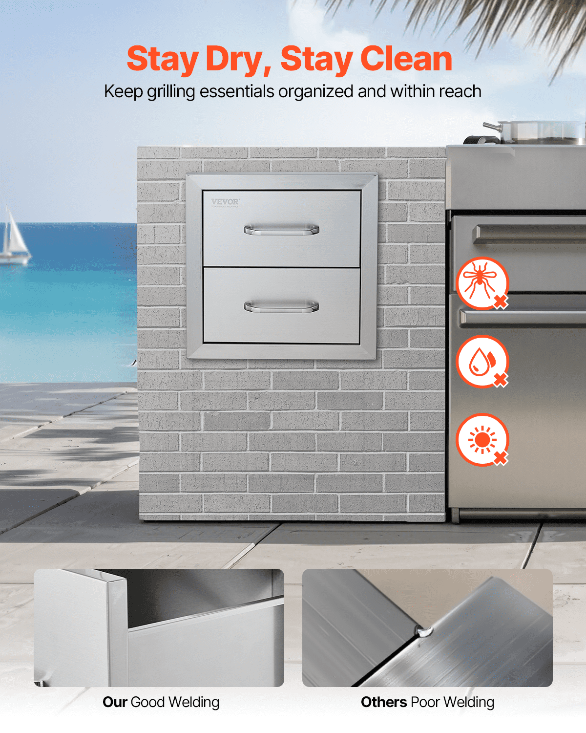 Start2Finish VEVOR outdoor kitchen stainless steel drawers, flush mount double BBQ drawers with handles for grill stations or outdoor kitchens.