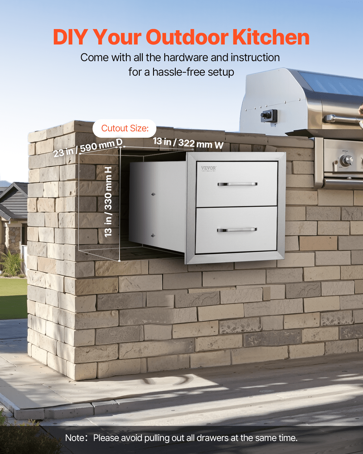 Start2Finish VEVOR outdoor kitchen double stainless steel drawers with handles, flush mount for BBQ island or outdoor kitchen setup
