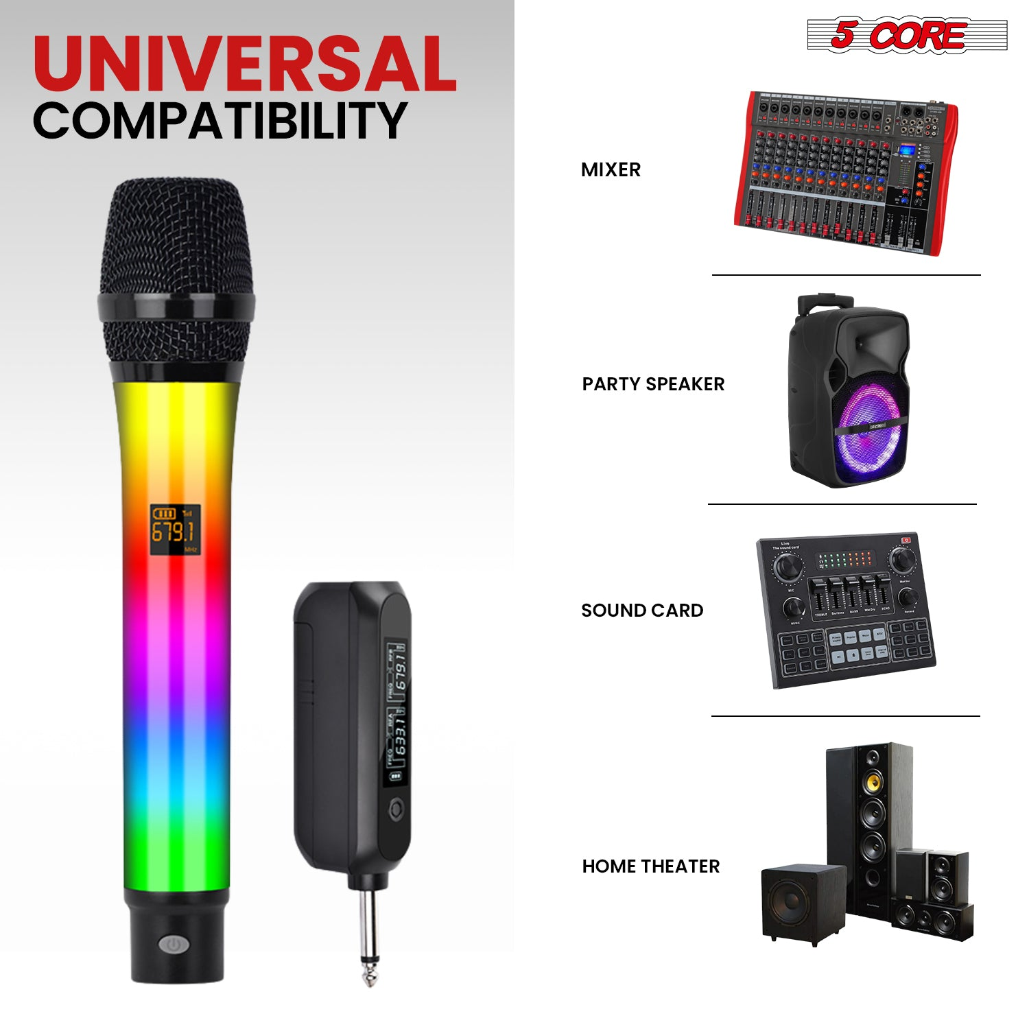 Start2Finish wireless karaoke microphone with RGB lights, rechargeable, ideal for singing and musical performances.