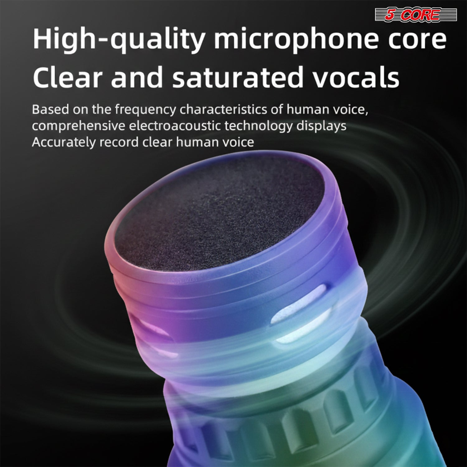 Start2Finish 5-core wireless karaoke microphone with rechargeable battery, RGB lights, ideal for singing and musical performances.