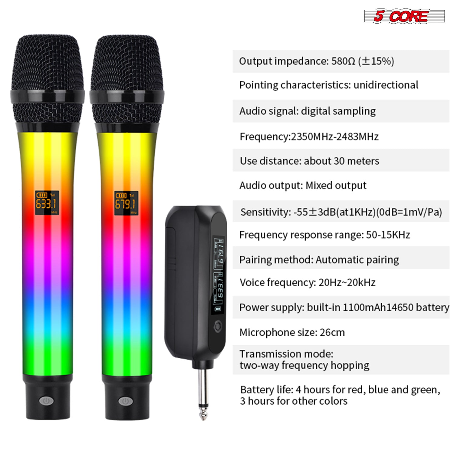Start2Finish wireless karaoke microphone with RGB lights, rechargeable, handheld musical instrument for singing and entertainment.