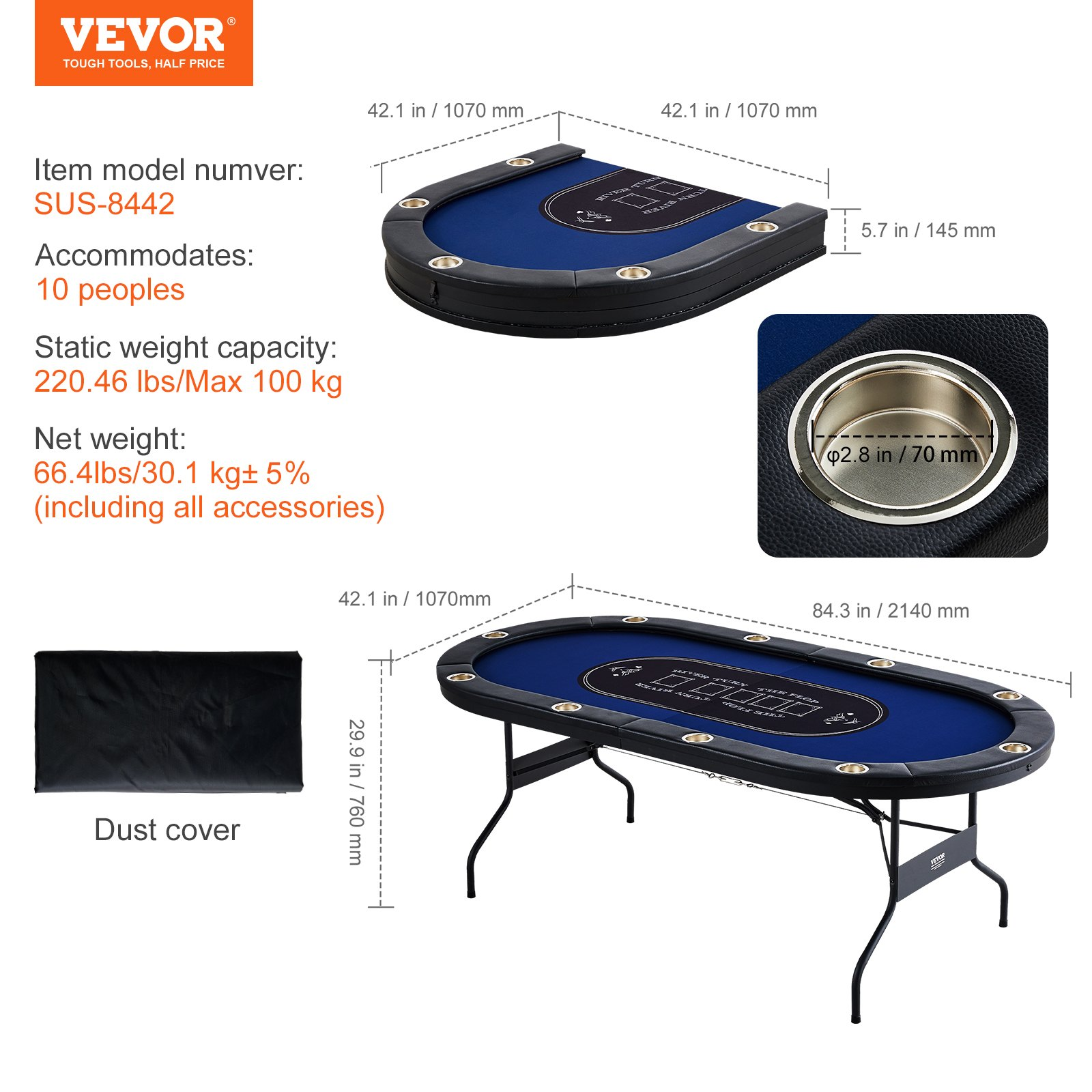 Start2Finish VEVOR 10-player foldable poker table with padded rails, stainless steel cup holders, and oval casino design.