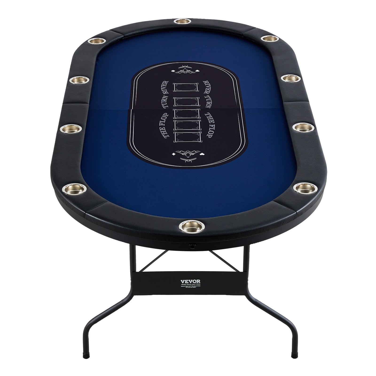 Foldable VEVOR 10-player poker table with padded rails, stainless steel cup holders, and an oval shape for casino-style card games.