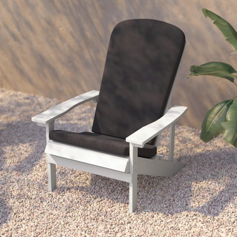 Set of 2 white Adirondack chairs with gray cushions for porch or patio, outdoor furniture by Start2Finish.