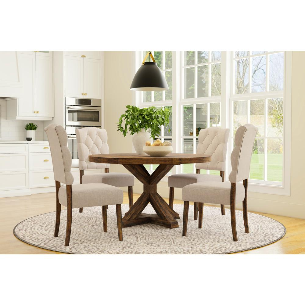 Medium brown Newberry round dining table by Start2Finish, showcasing the smooth wooden surface and sturdy base.