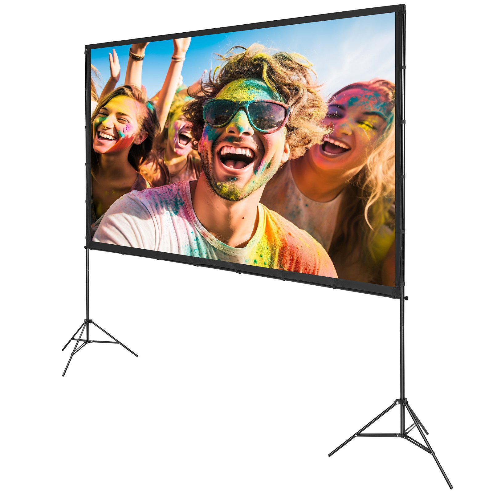 Start2Finish VEVOR 120-inch outdoor projector screen with stand, wrinkle-free 16:9 4K HD home theater setup and carry bag.