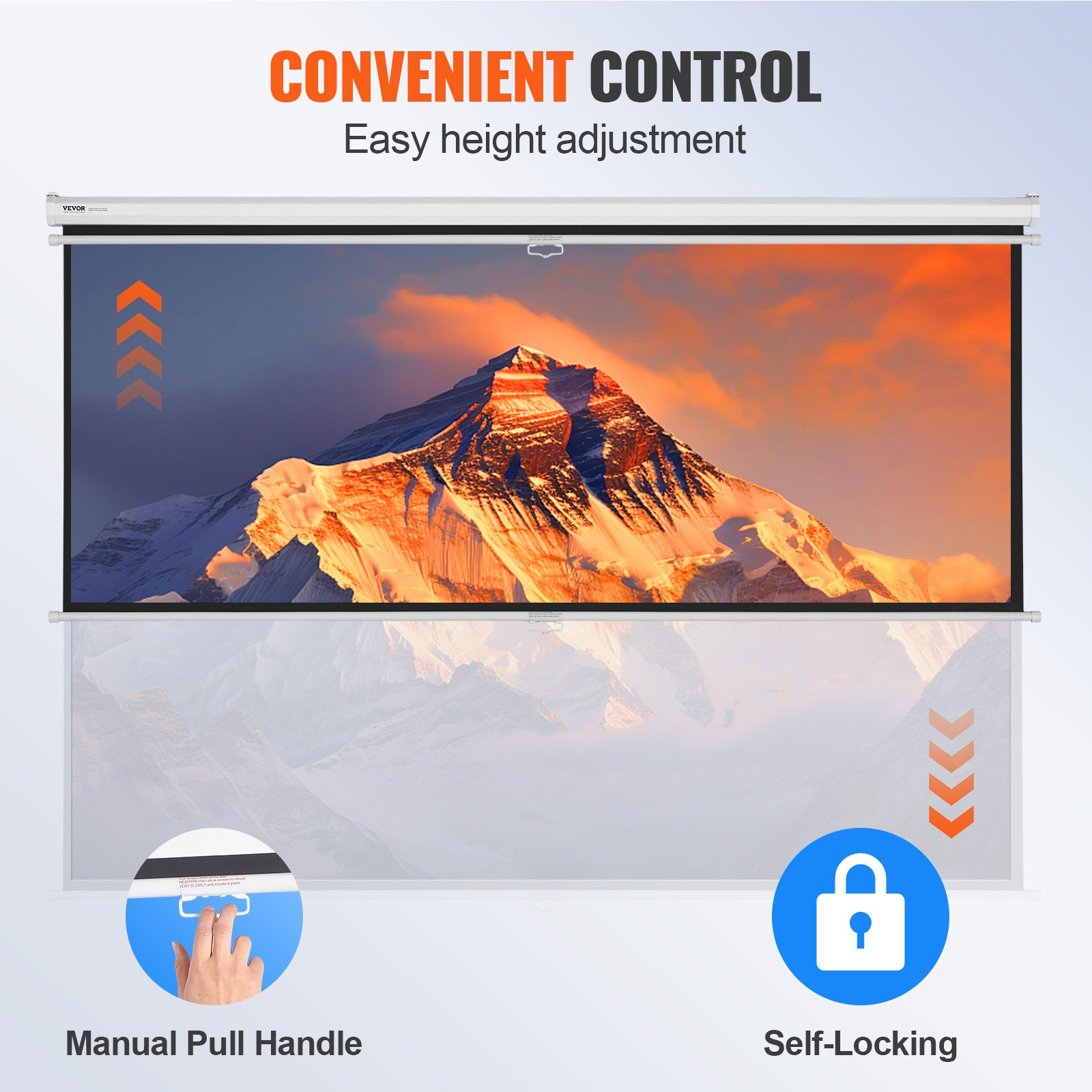Start2Finish VEVOR 100-inch retractable projector screen with auto-locking mechanism, suitable for home theater and office use.