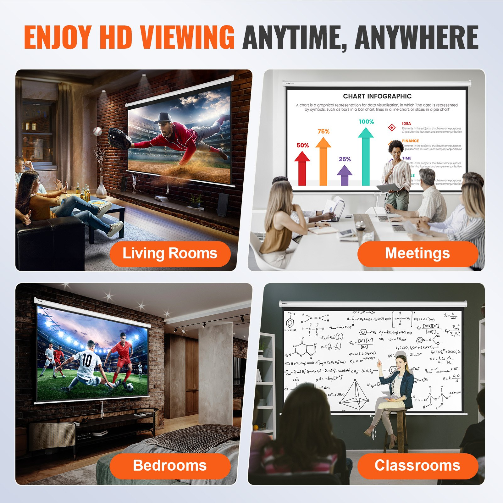 Start2Finish 100-inch manual projector screen with 16:9 aspect ratio, retractable pull-down design for home theater and office use.