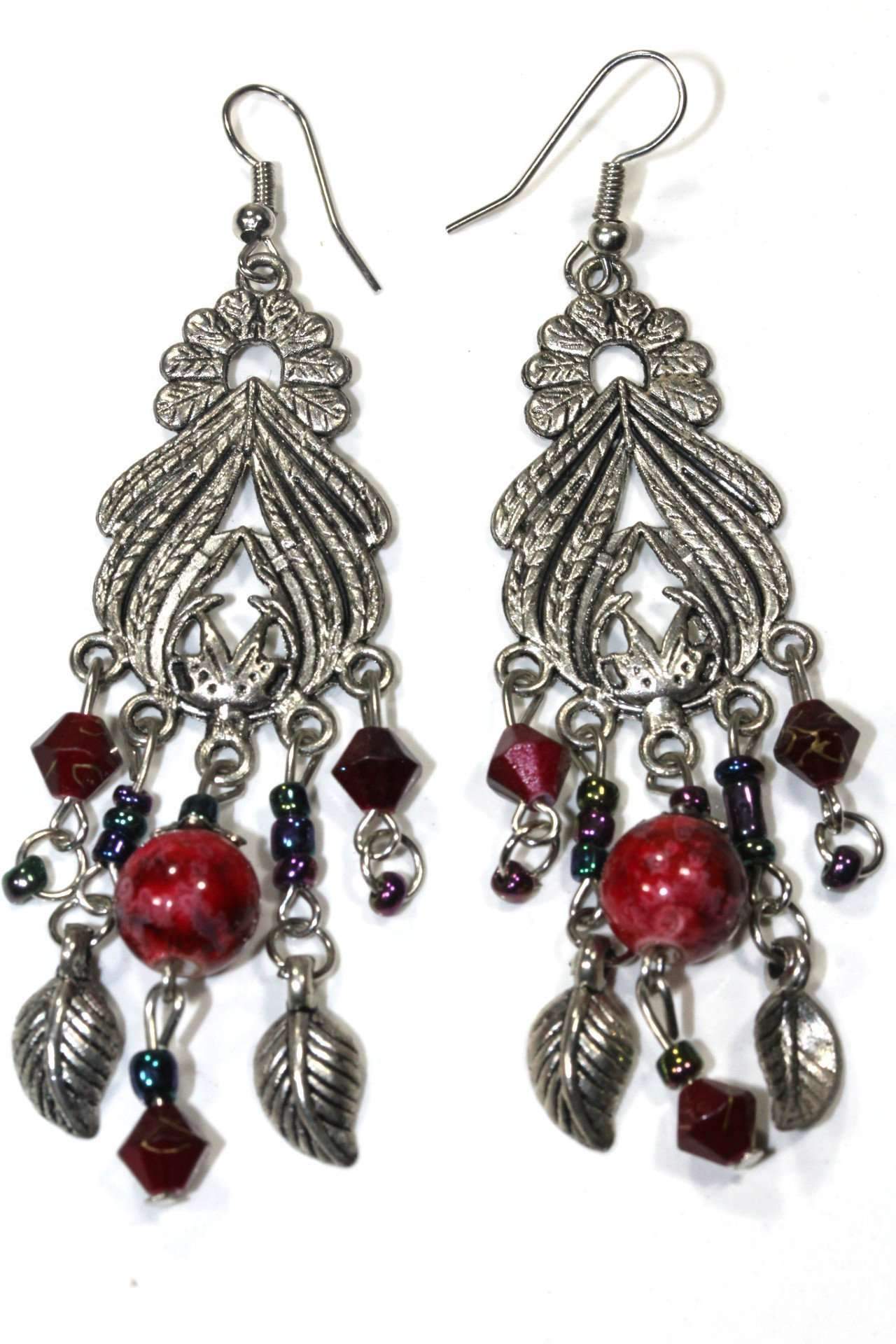 Silver Hestia Bohemian Queen Marbled Bead Earrings with gold accents and dangling bead details on a white background.