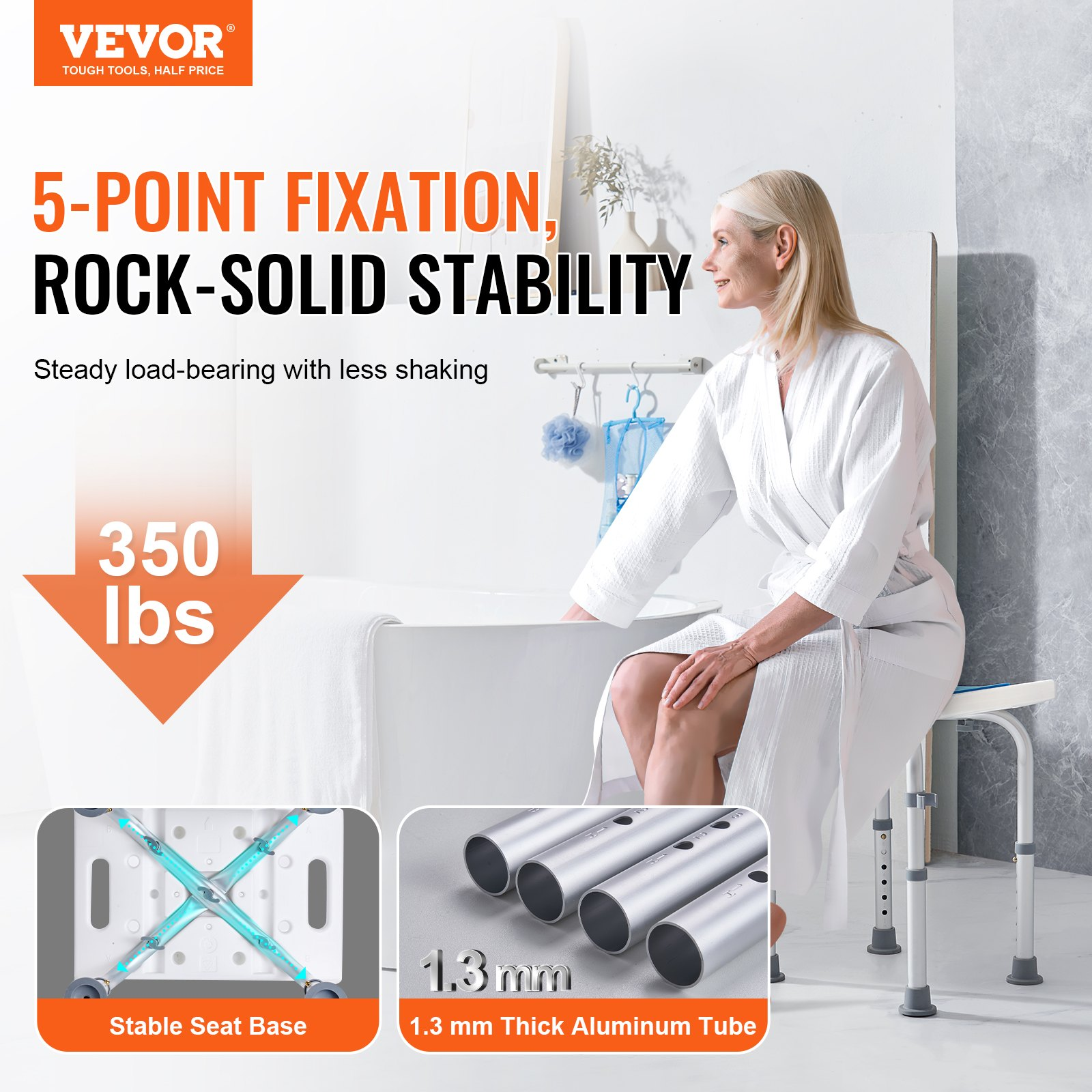 Start2Finish VEVOR adjustable-height shower chair with non-slip surface, suitable for elderly or disabled users in bath or tub.