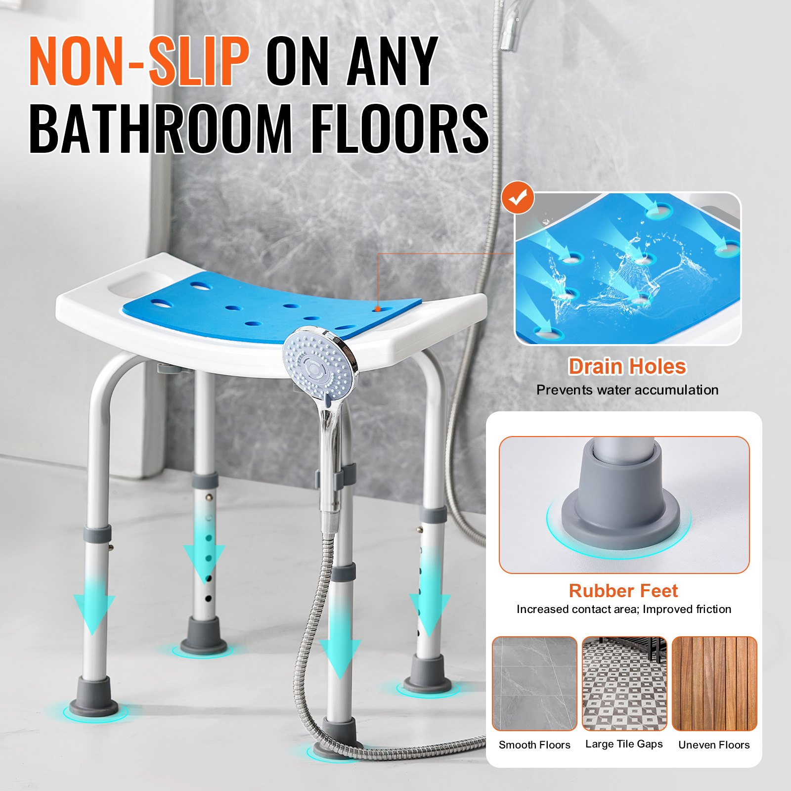 Start2Finish VEVOR adjustable bath shower chair with non-slip seat, suitable for elderly and disabled, supports up to 350 lbs.