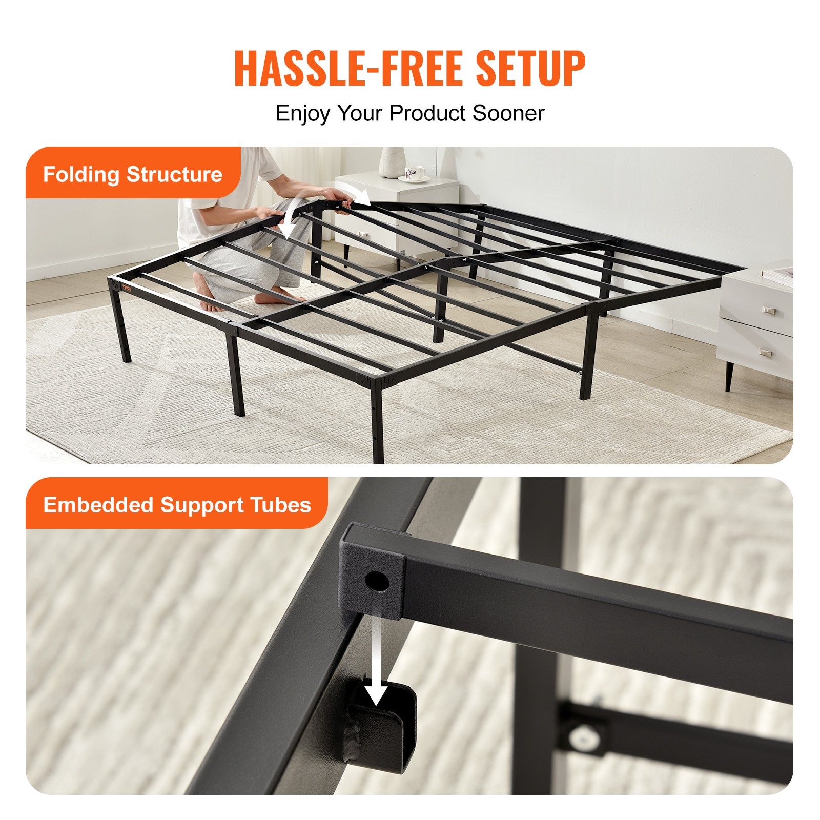 Start2Finish VEVOR 14-inch queen metal bed frame with steel slats, heavy-duty support, and easy assembly for noise-free sleeping.