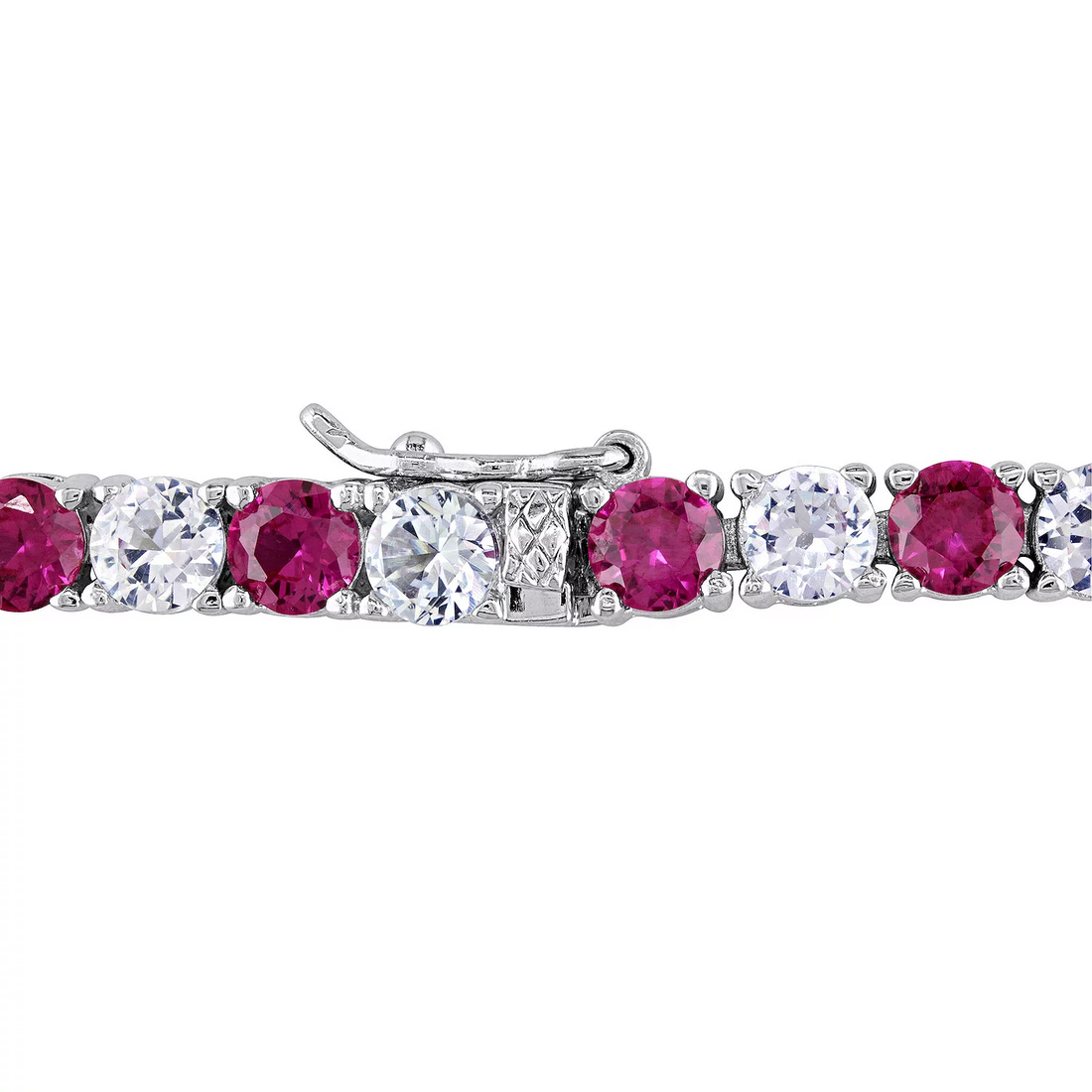 Start2Finish lab-created ruby and white sapphire tennis bracelet in 14K gold overlay, 7.25-inch length, showcasing sparkling gemstones.