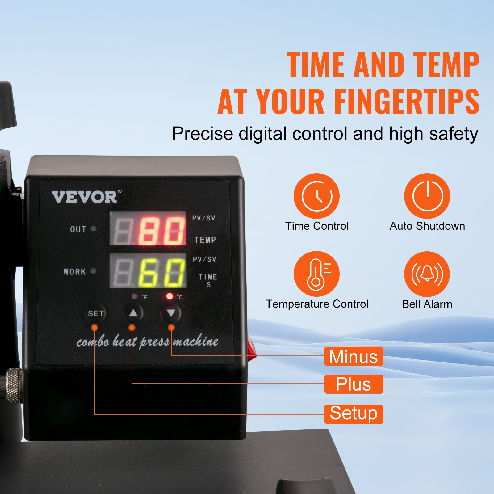 Start2Finish VEVOR 8-in-1 heat press machine with 15x15 inch pressing surface, swing-away design for sublimation and heat transfer projects.