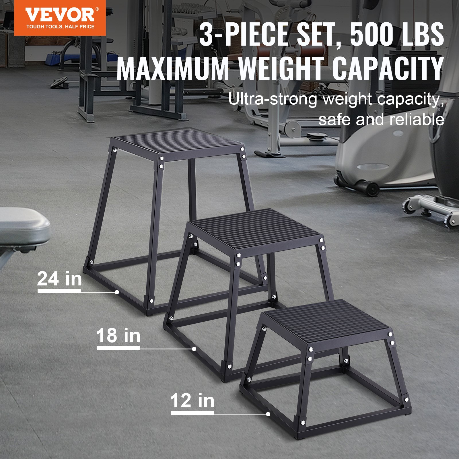 Start2Finish VEVOR plyometric jump boxes in black, 12, 18, and 24 inches, anti-slip fitness exercise step-up boxes for home gym.