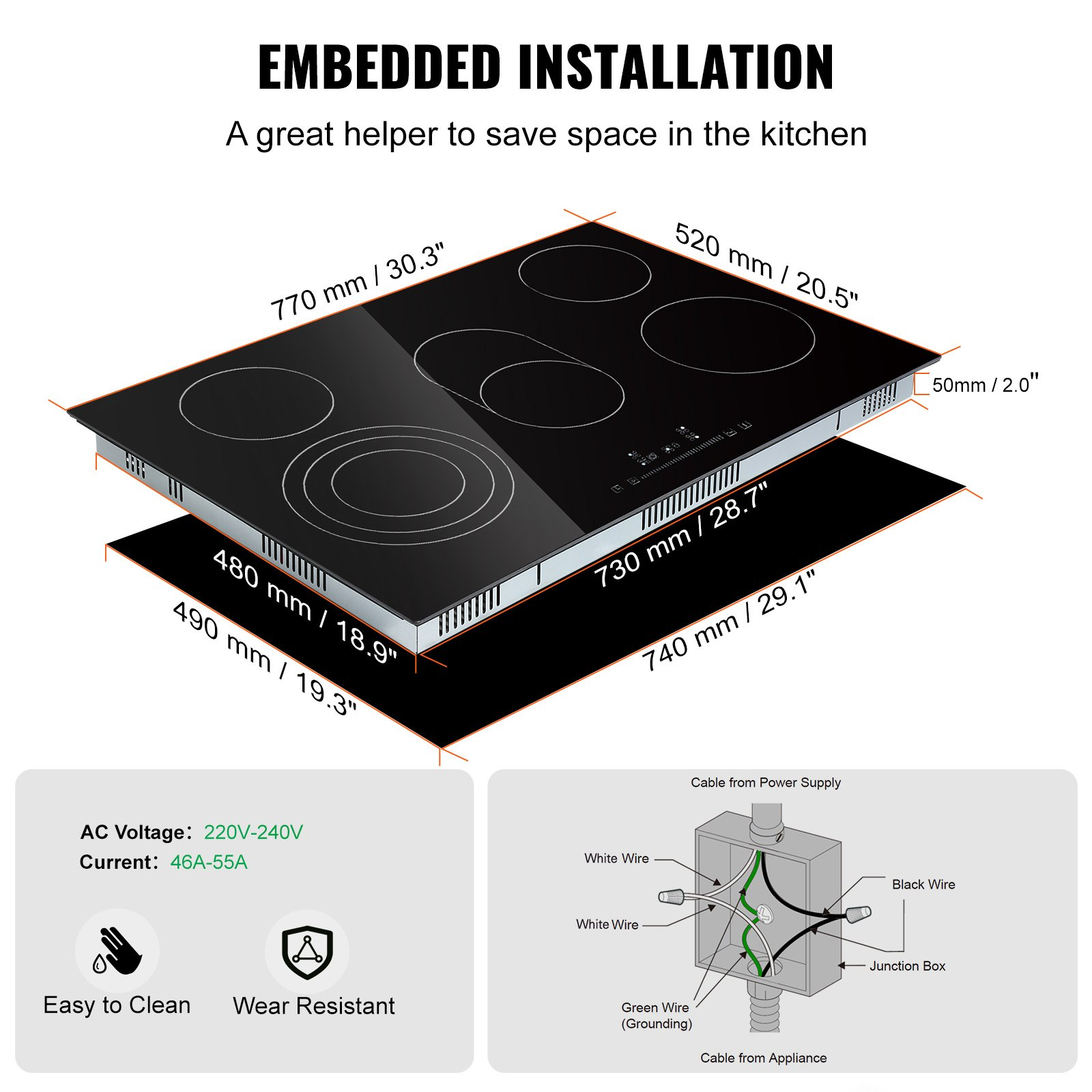 Start2Finish VEVOR built-in electric stove top with 5 burners, glass surface, sensor touch controls, timer, and child lock.