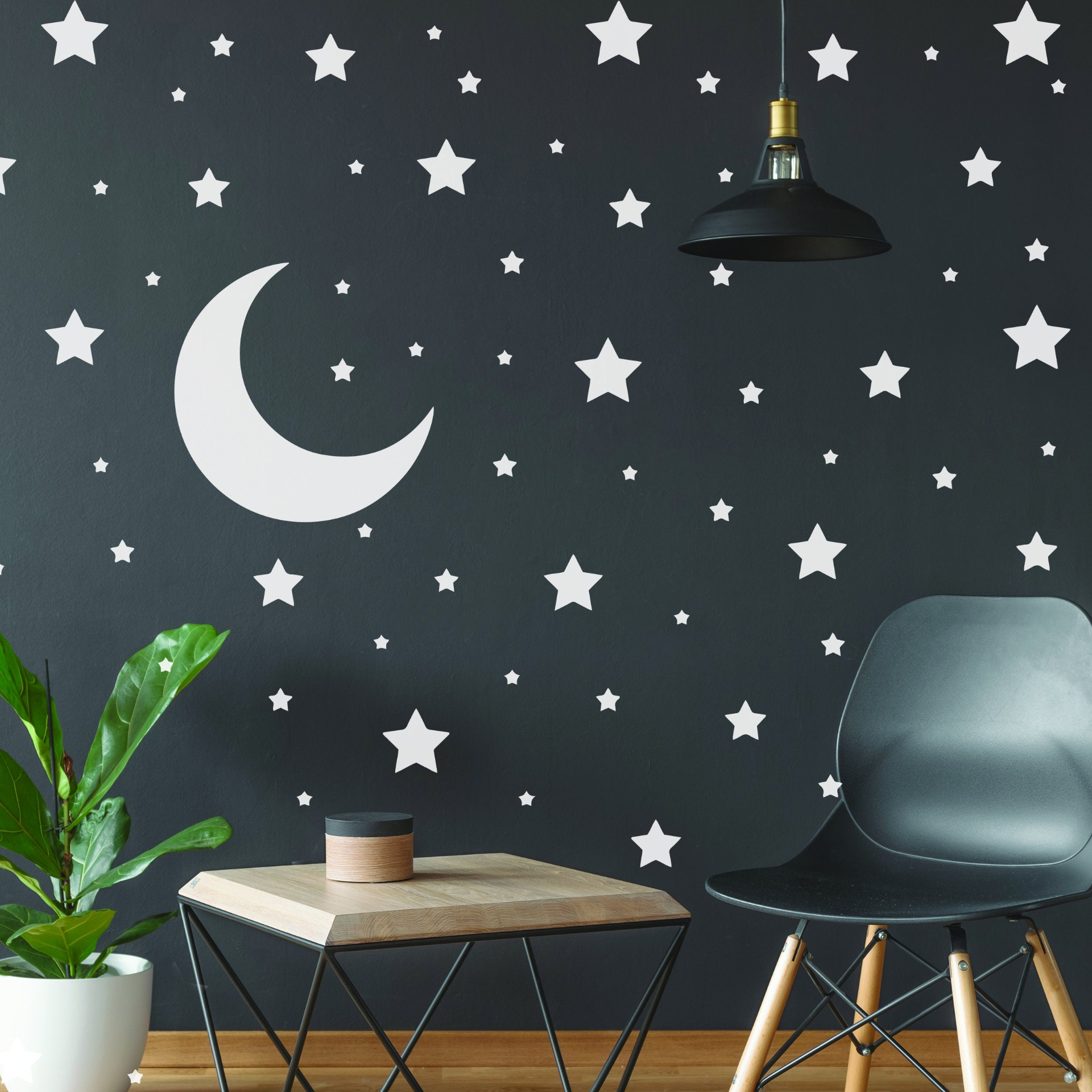 White star wall stickers from Start2Finish, moon decor vinyl decals for boy or girl nursery and kid room decoration.