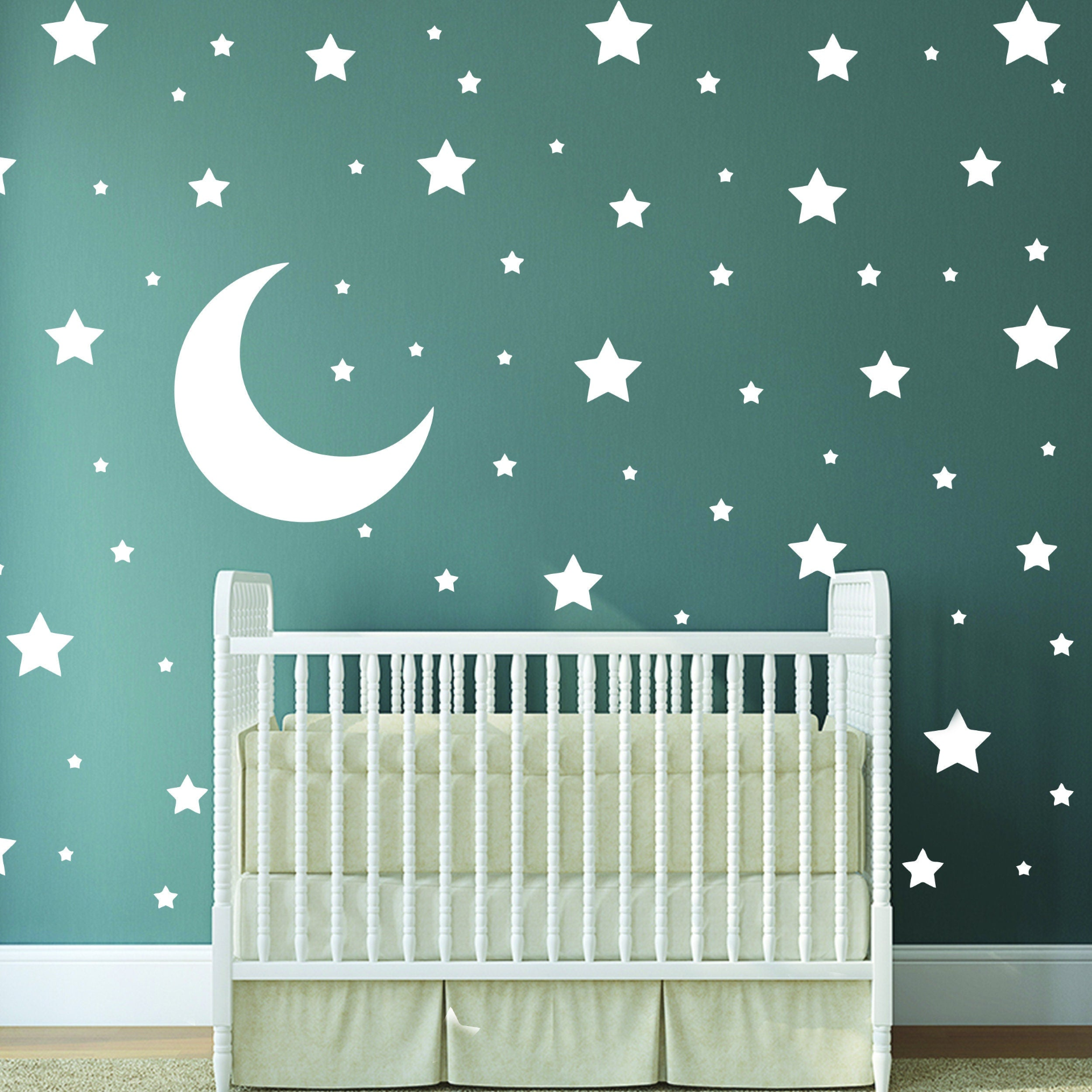White star vinyl wall stickers featuring moon designs from Start2Finish, perfect for boys, girls, and nursery decor.