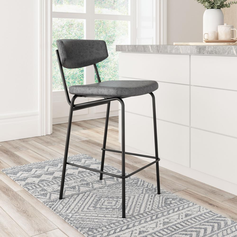 Set of two vintage black Charon counter stools by Start2Finish with metal frames and wooden seats, modern industrial style furniture