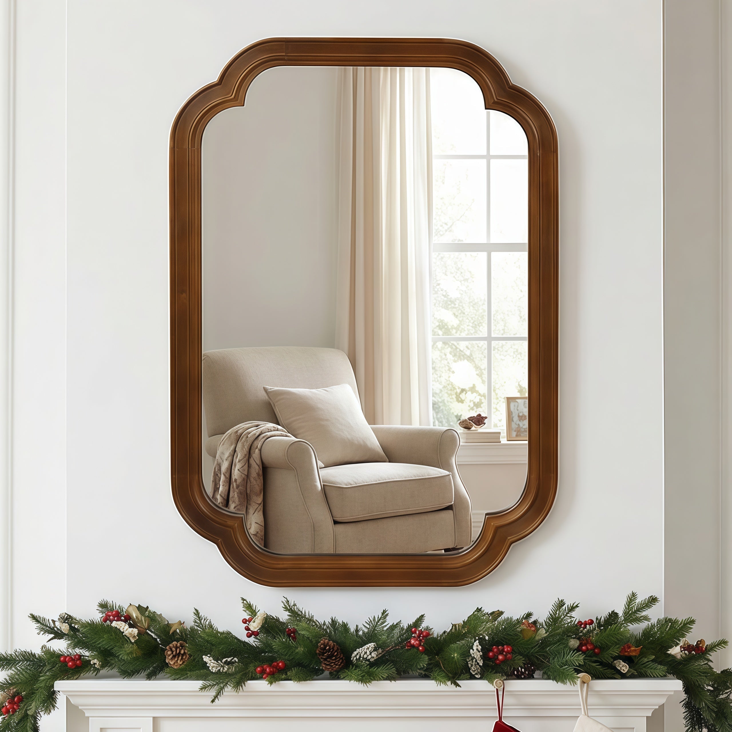 Sangria Beech solid wood framed decorative mirror with rounded corners, perfect for bedroom furniture decor.
