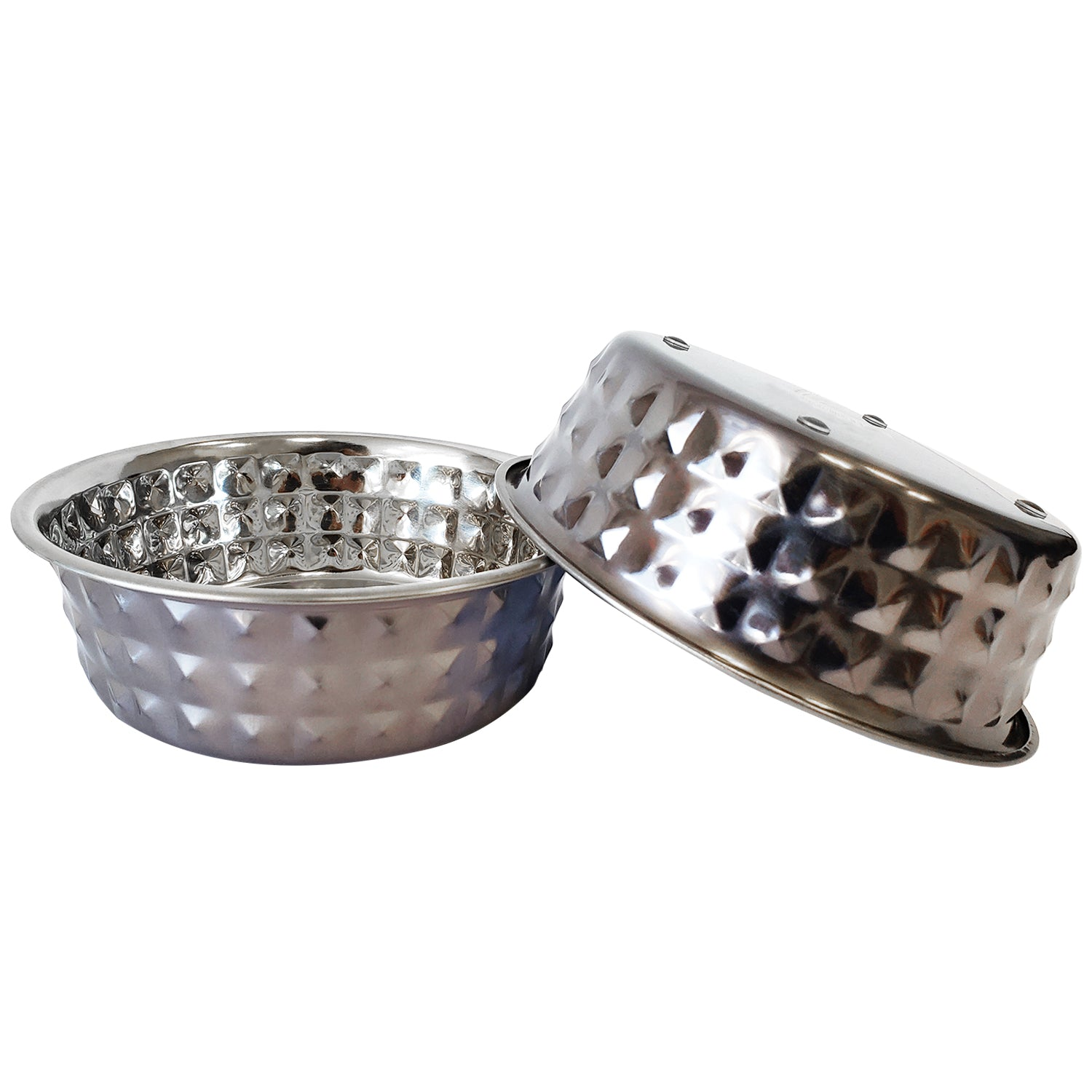 Pair of black pearl hammered stainless steel dog bowls from Start2Finish, designed for pet feeding and watering.