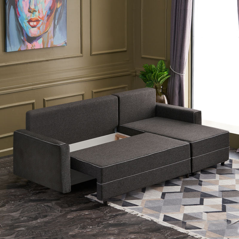 Right corner sofa bed in anthracite fabric, Start2Finish Burma 242x150x88cm, showing the cushioned seating and compact design.