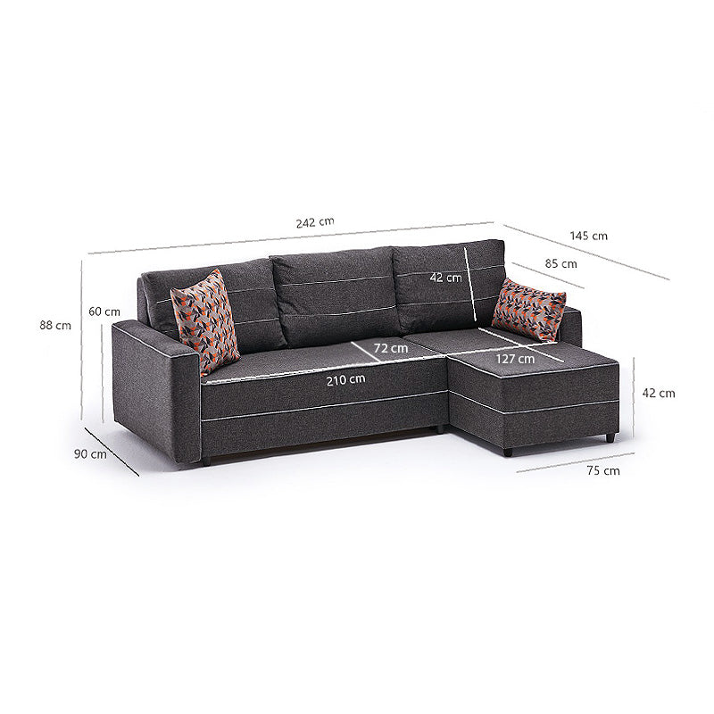 Right corner sofa bed in anthracite fabric, Start2Finish Burma model, measuring 242x150x88cm, with plush cushions and sleek design.