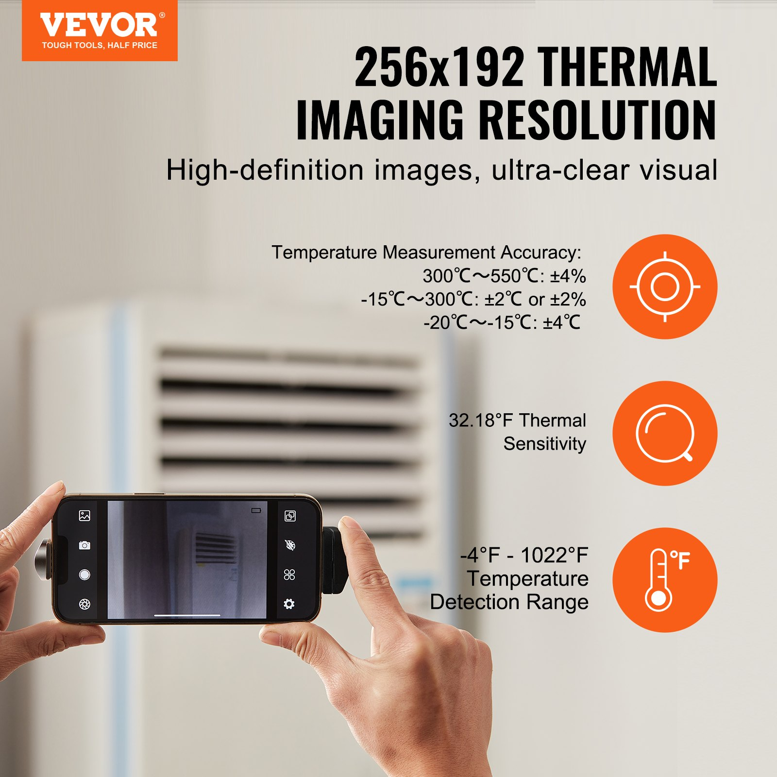 Start2Finish VEVOR thermal imaging camera for smartphones with high-resolution IR, wireless WiFi, and visual camera, temperature range -4°F to 1022°F.